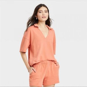 NWT Women’s French Terry Shirt & Pull-On Shorts Set | XS | Peach Orange